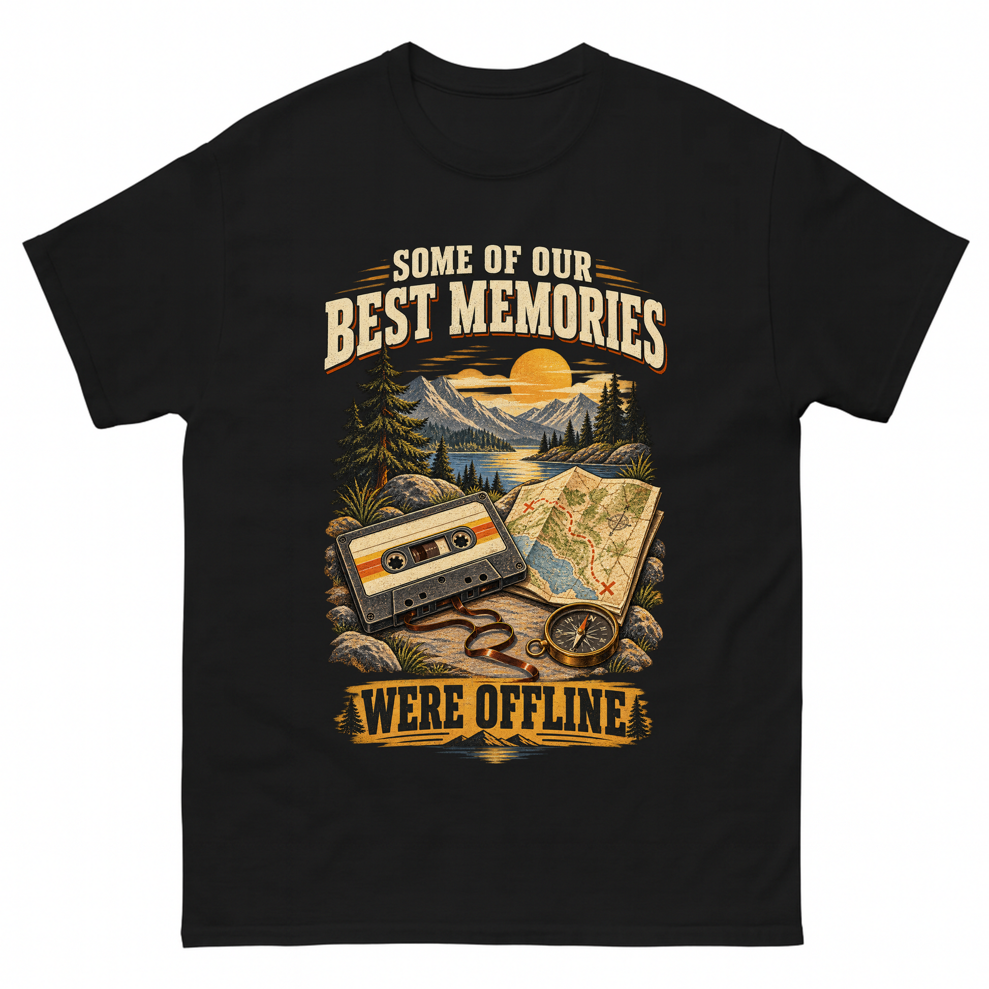 Black vintage t-shirt with Some Of Our Best Memories Were Offline printed front design