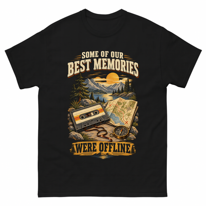 Black vintage t-shirt with Some Of Our Best Memories Were Offline printed front design