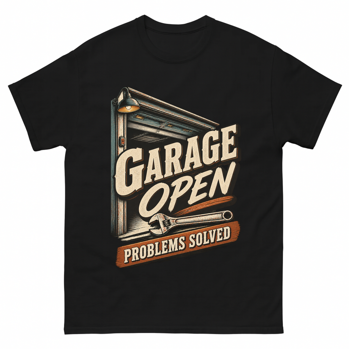 Black vintage t-shirt with Garage Open Problems Solved printed front design