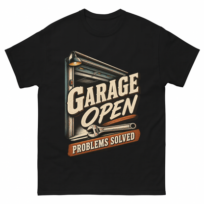 Black vintage t-shirt with Garage Open Problems Solved printed front design