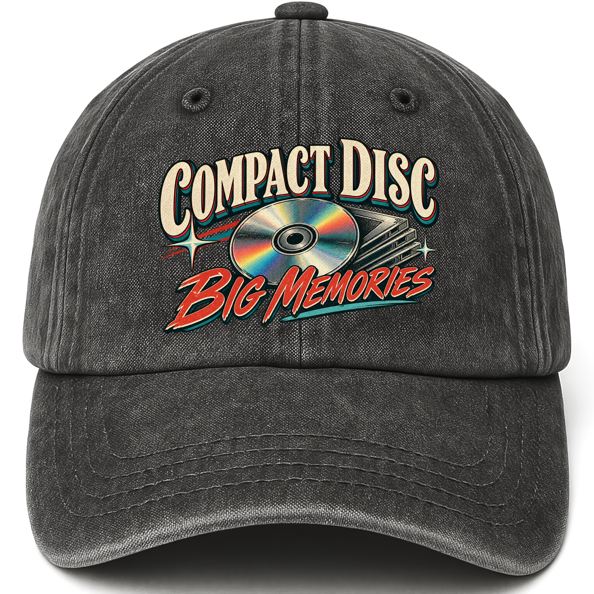Black vintage washed cap with Compact Disc Big Memories printed front design