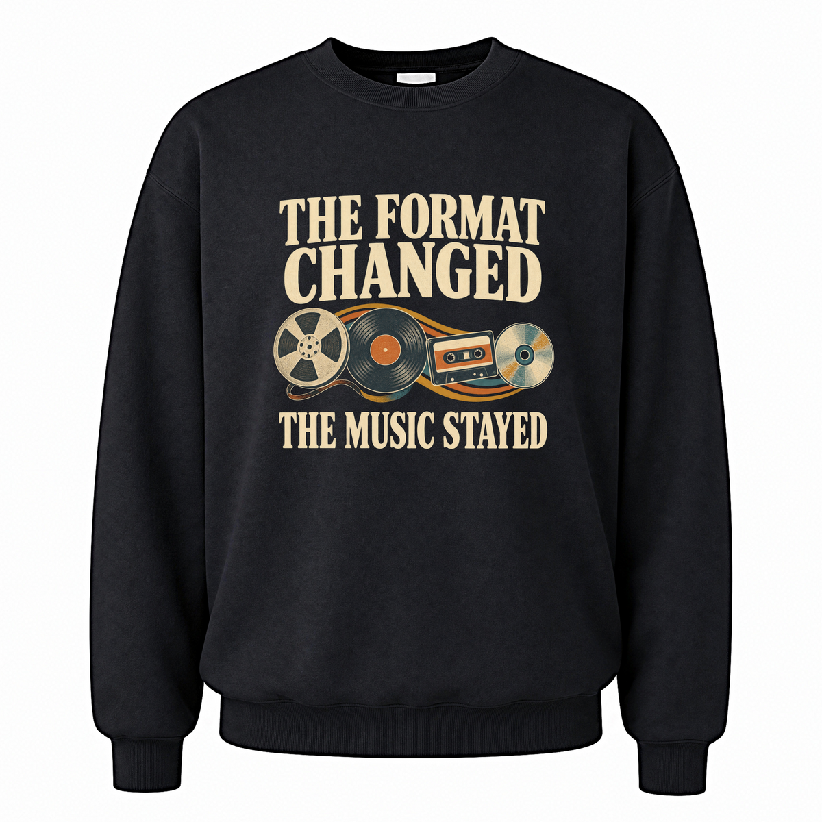 Black vintage sweatshirt with The Format Changed The Music Stayed printed front design