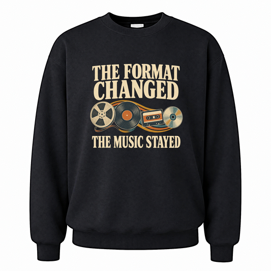 Black vintage sweatshirt with The Format Changed The Music Stayed printed front design