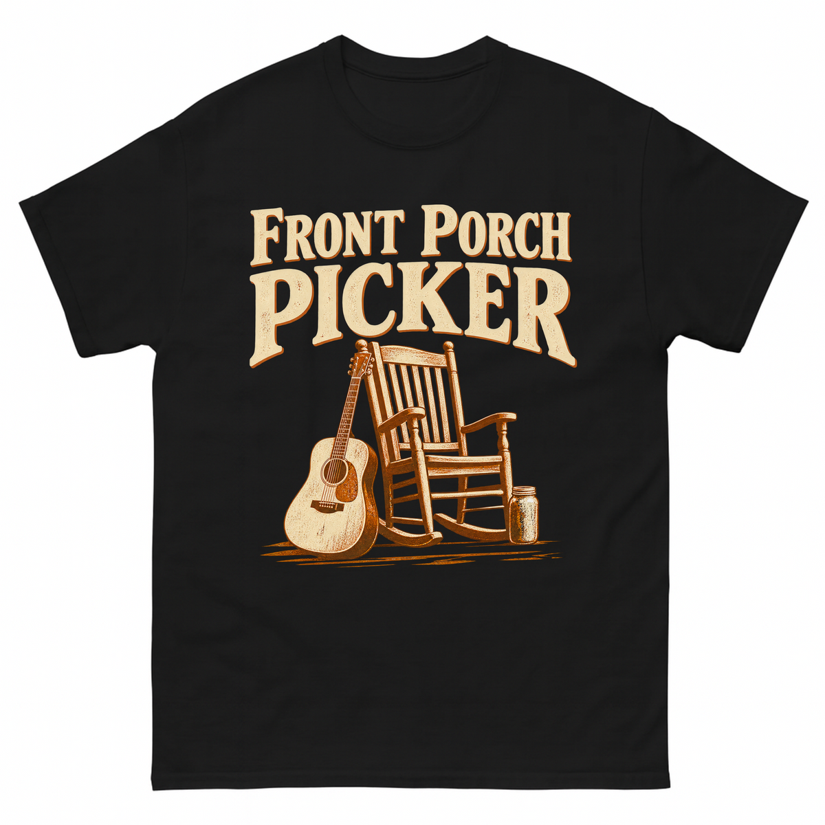 Black vintage t-shirt with Front Porch Picker printed front design