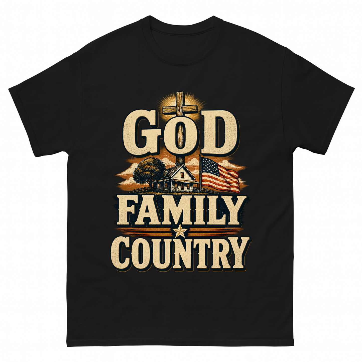 Black vintage t-shirt with God Family Country printed front design