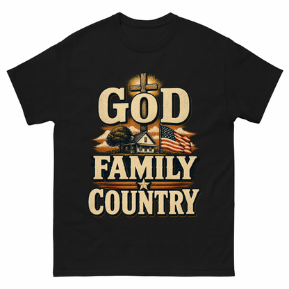 Black vintage t-shirt with God Family Country printed front design
