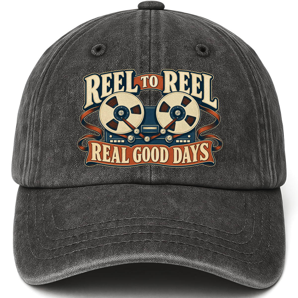 Black vintage washed cap with Reel To Reel Real Good Days printed front design