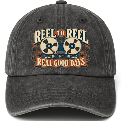 Black vintage washed cap with Reel To Reel Real Good Days printed front design