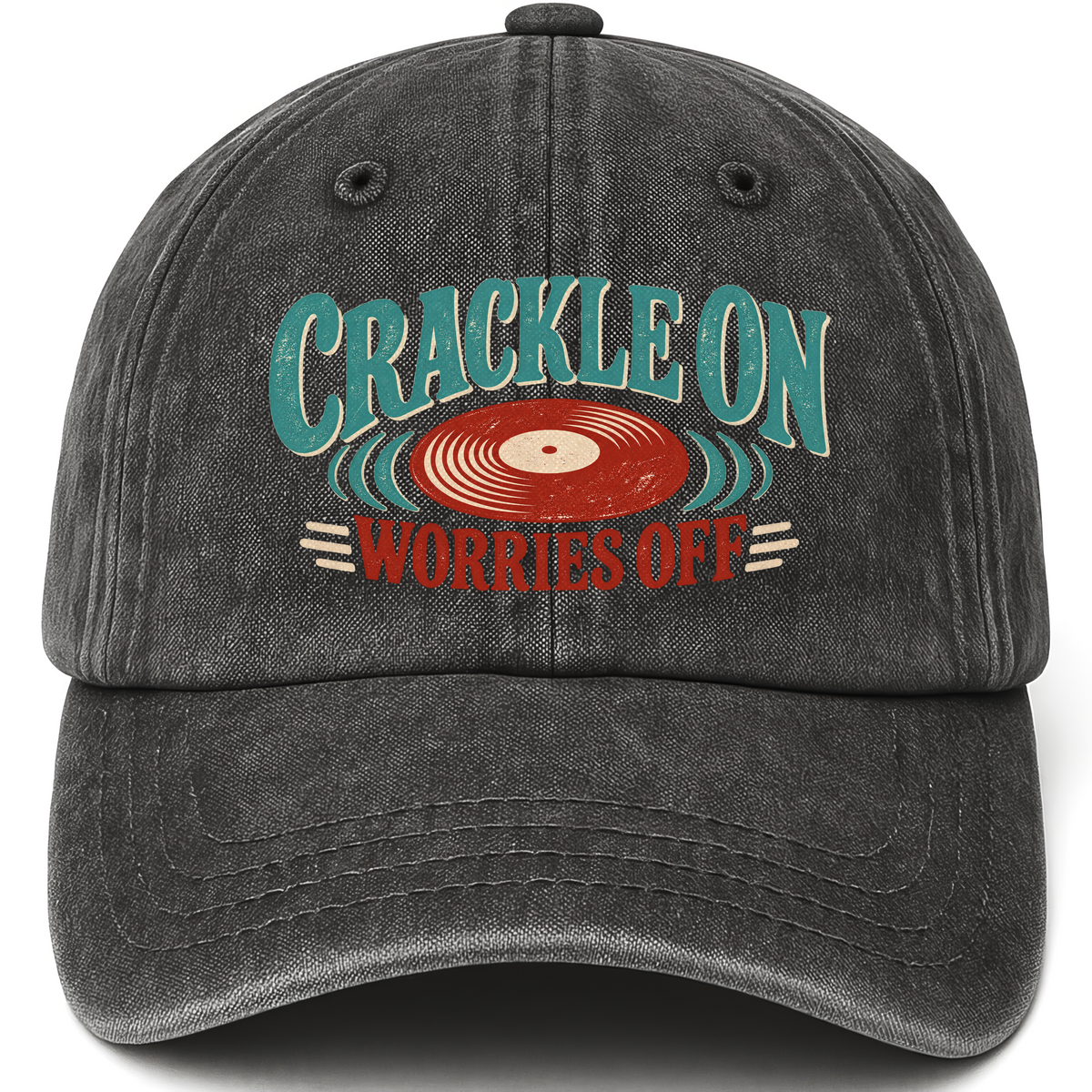 Black vintage washed cap with Crackle On Worries Off printed front design