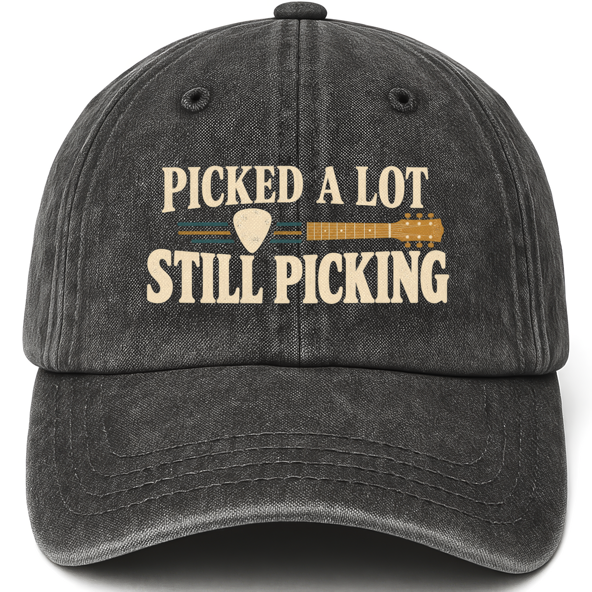 Black vintage washed cap with Picked A Lot Still Picking printed front design