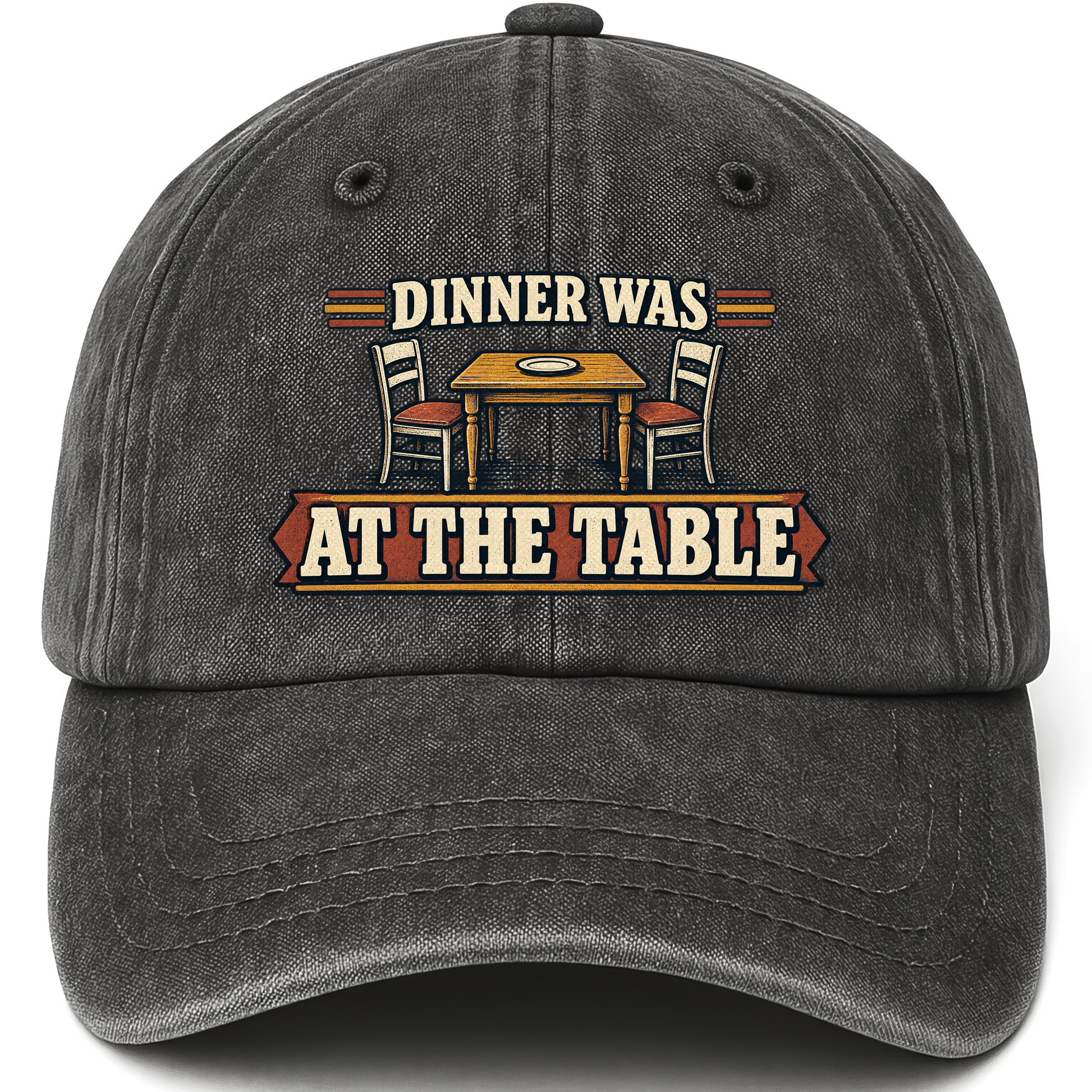 Black vintage washed cap with Dinner Was At The Table printed front design