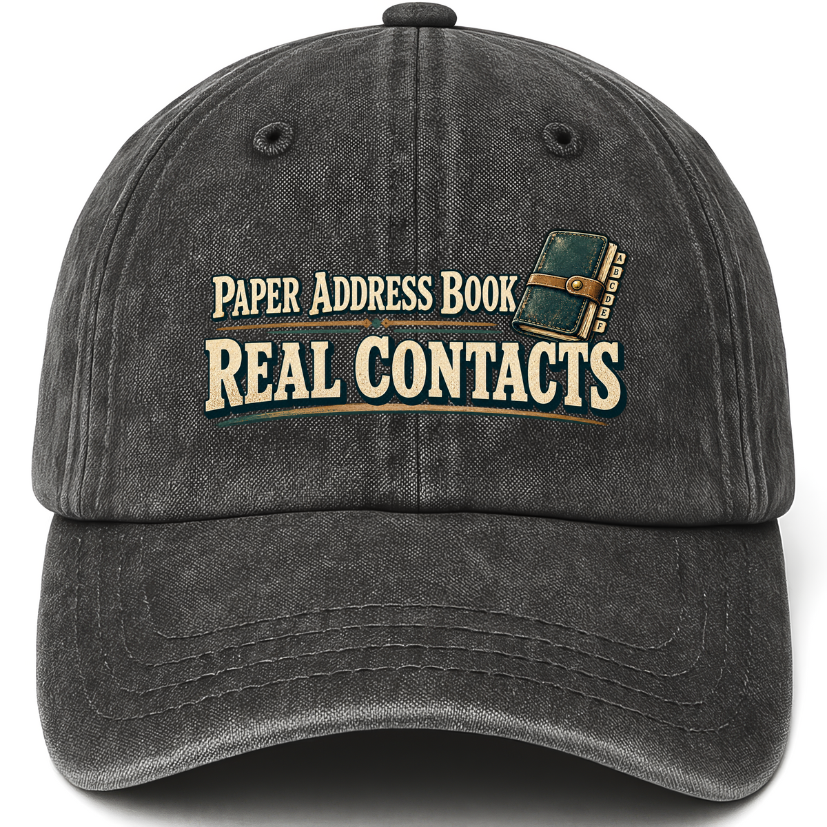 Black vintage washed cap with Paper Address Book. Real Contacts printed front design