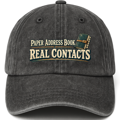 Black vintage washed cap with Paper Address Book. Real Contacts printed front design