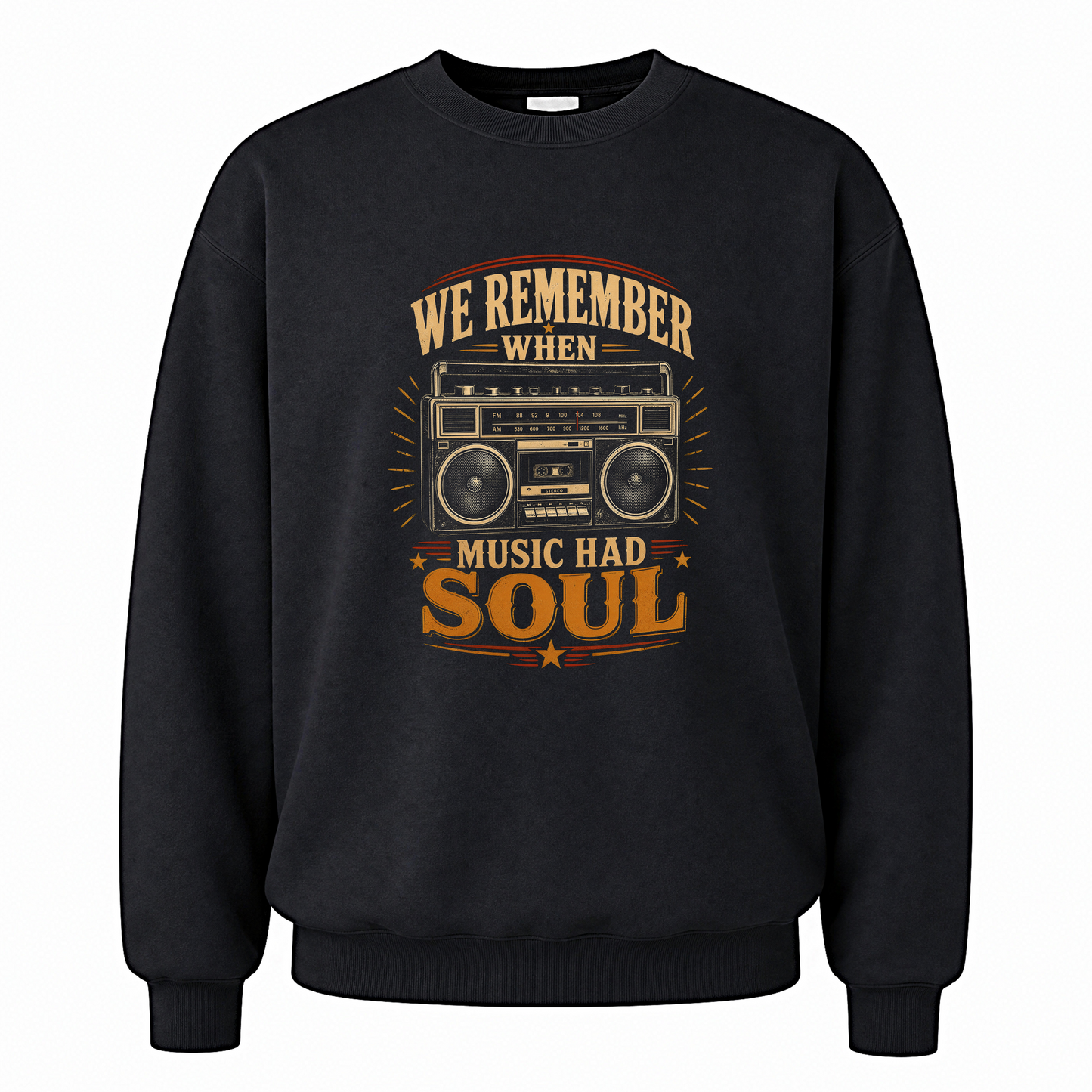 Black vintage sweatshirt with We remember music soul tee printed front design