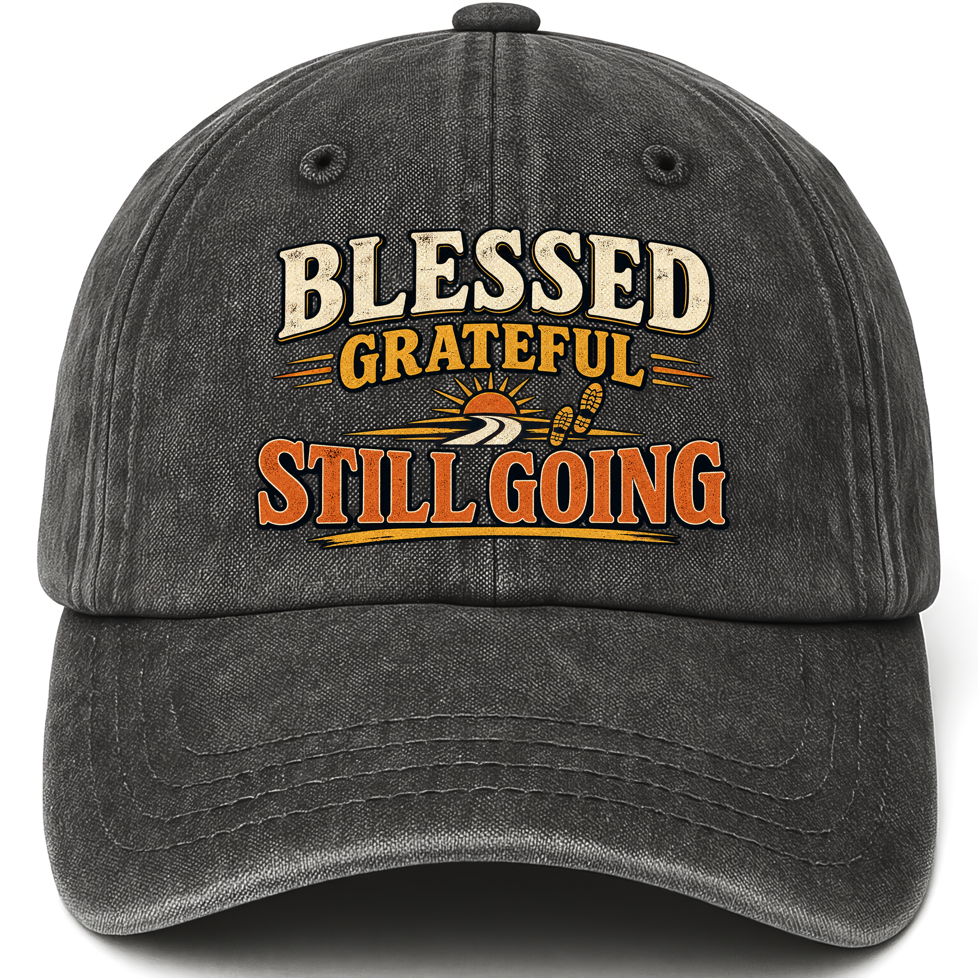 Black vintage washed cap with Blessed Grateful Still Going printed front design