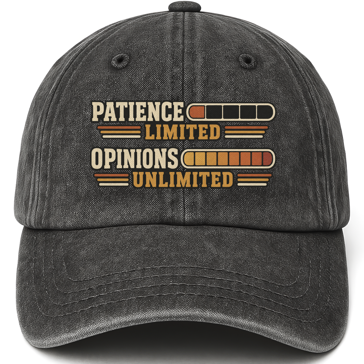 Black vintage washed cap with Patience Limited Opinions Unlimited printed front design