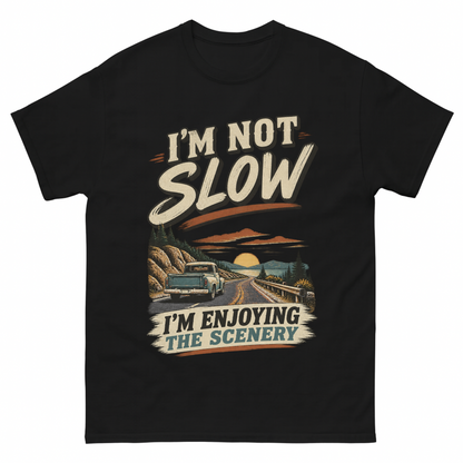 Black vintage t-shirt with I'm Not Slow I'm Enjoying The Scenery printed front design