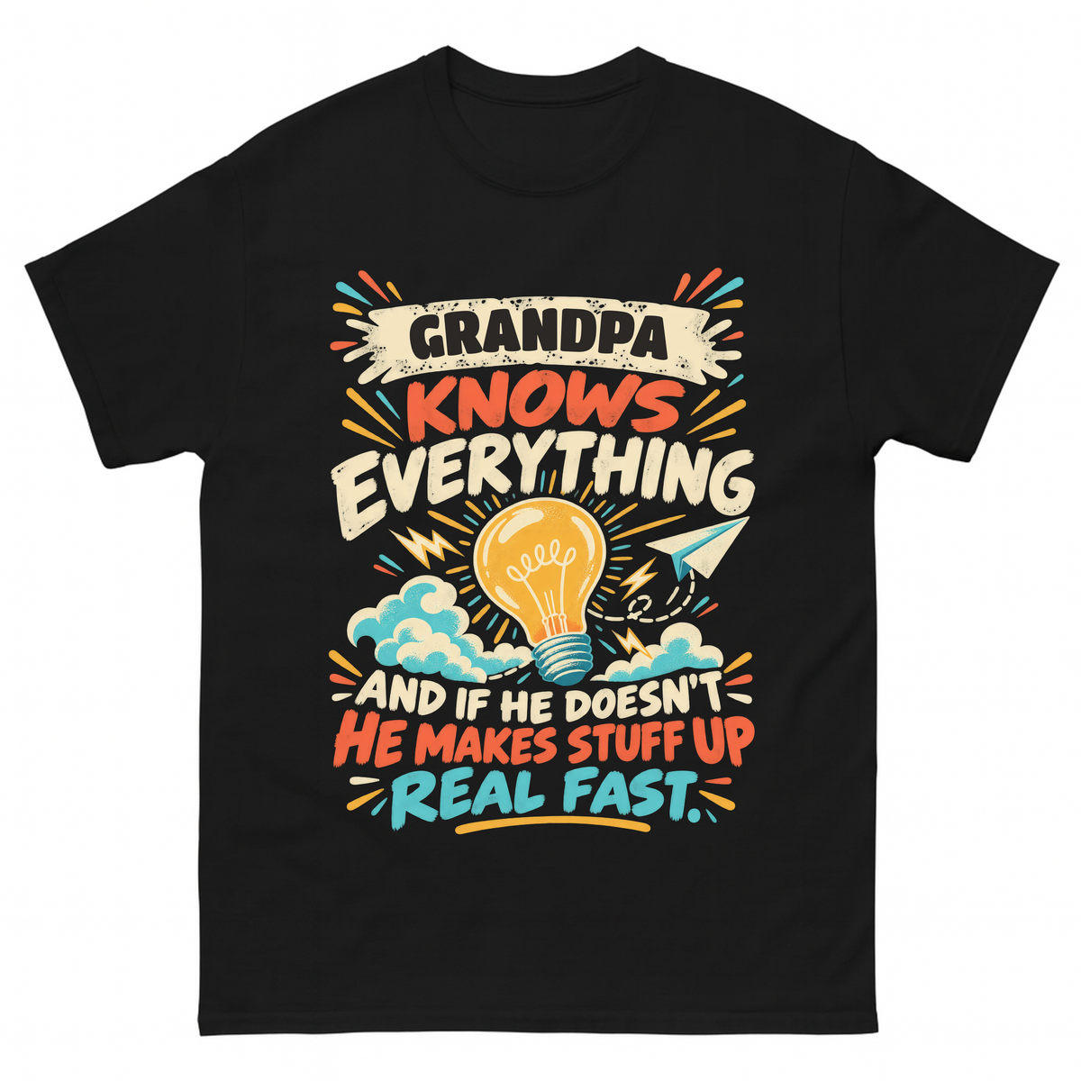 Black vintage t-shirt with Your Name Knows Everything Lightbulb printed front design