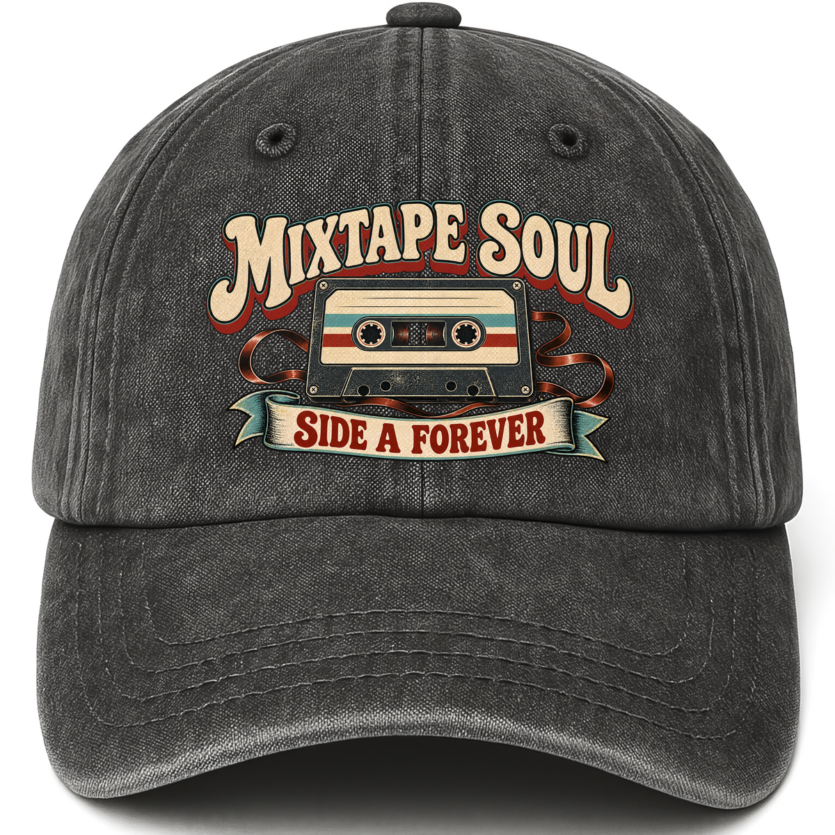 Black vintage washed cap with Mixtape Soul Side A Forever printed front design