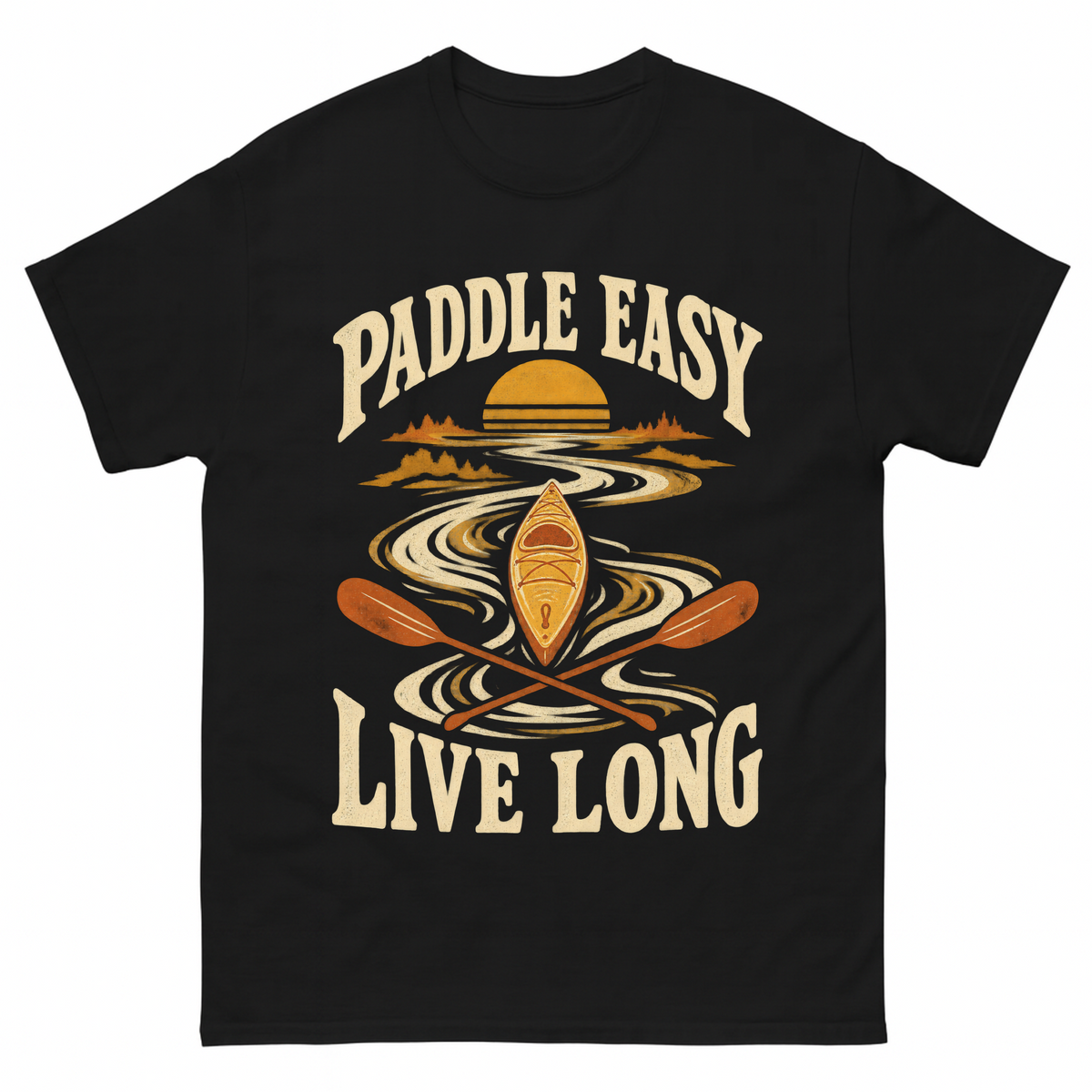 Black vintage t-shirt with Paddle Easy Live Long printed front design