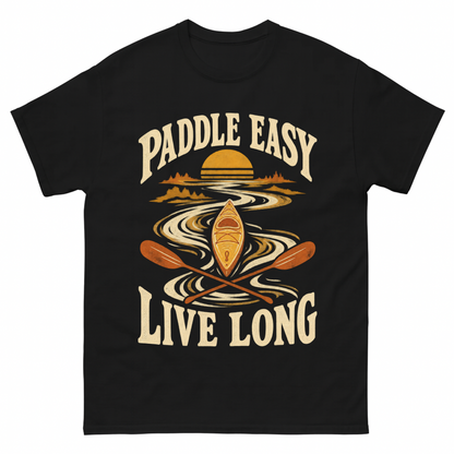 Black vintage t-shirt with Paddle Easy Live Long printed front design