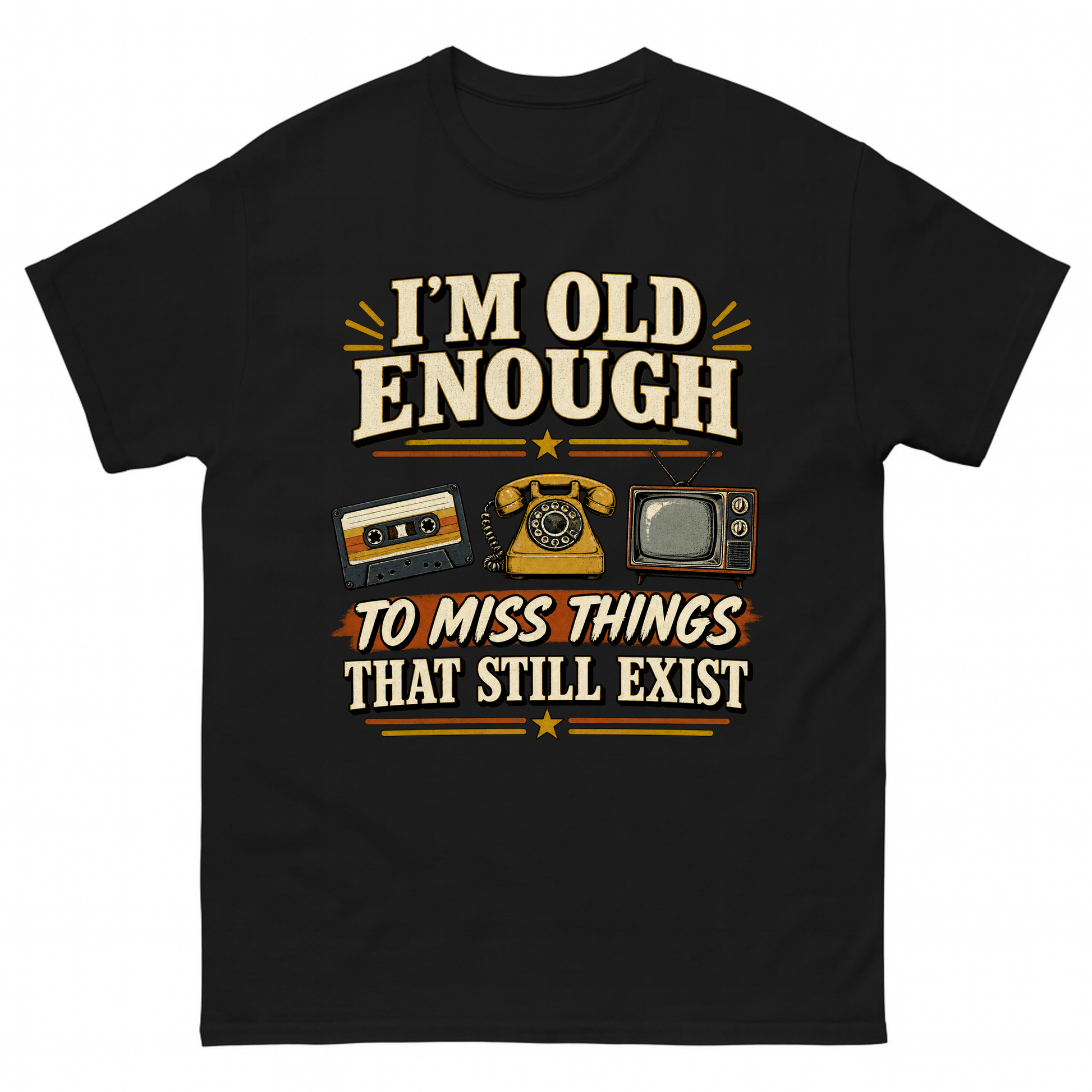 Black vintage t-shirt with 42 miss things that still exist ideogram 4x printed front design