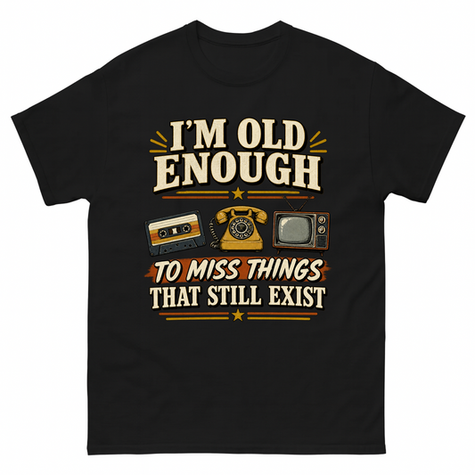 Black vintage t-shirt with 42 miss things that still exist ideogram 4x printed front design