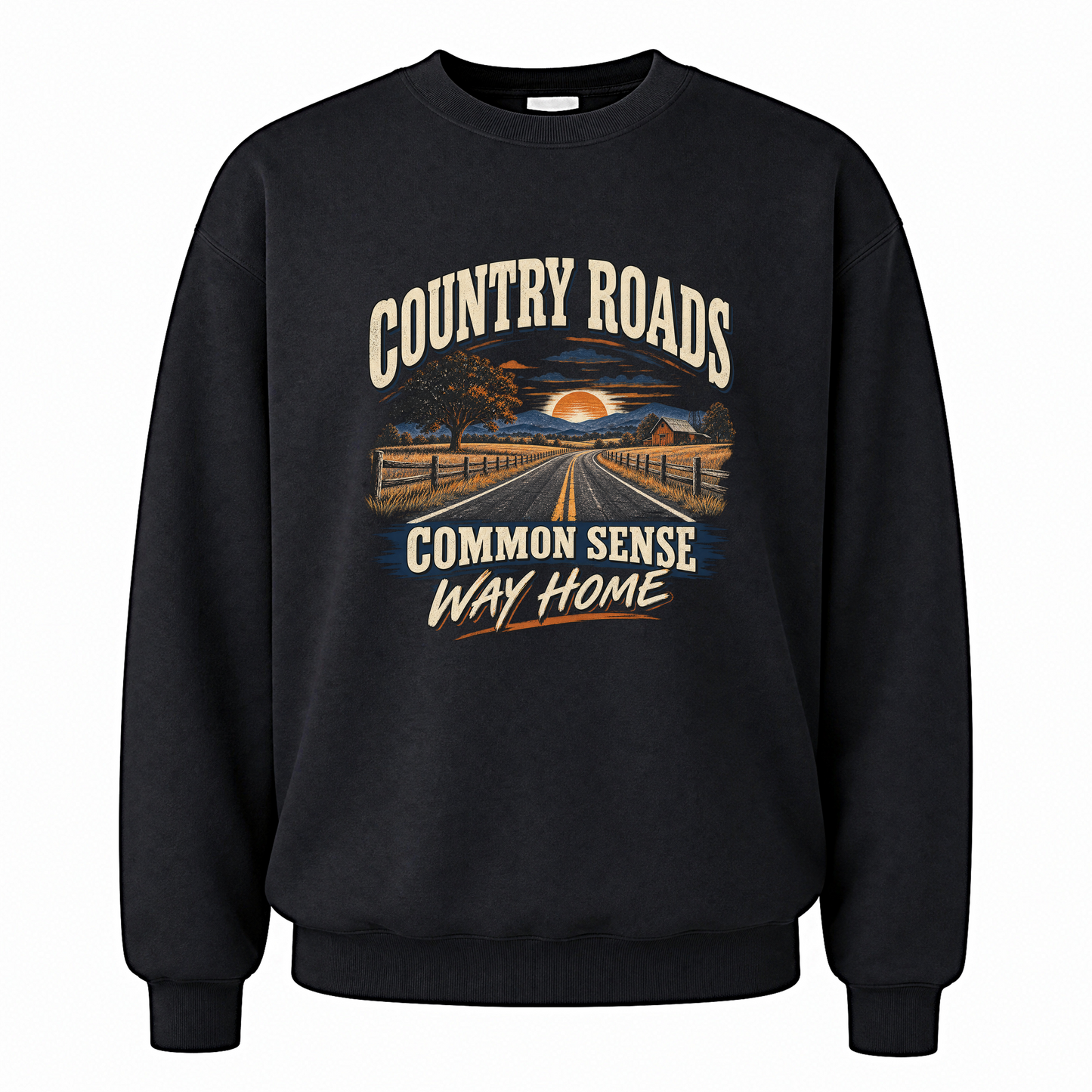 Black vintage sweatshirt with Country Roads. Common Sense Way Home printed front design