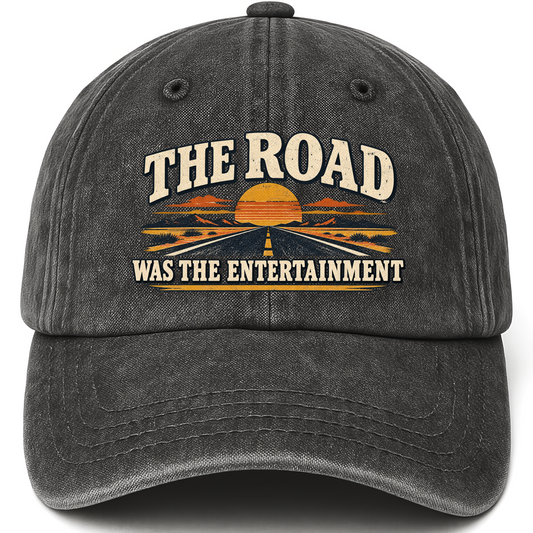 Black vintage washed cap with The Road Was The Entertainment printed front design