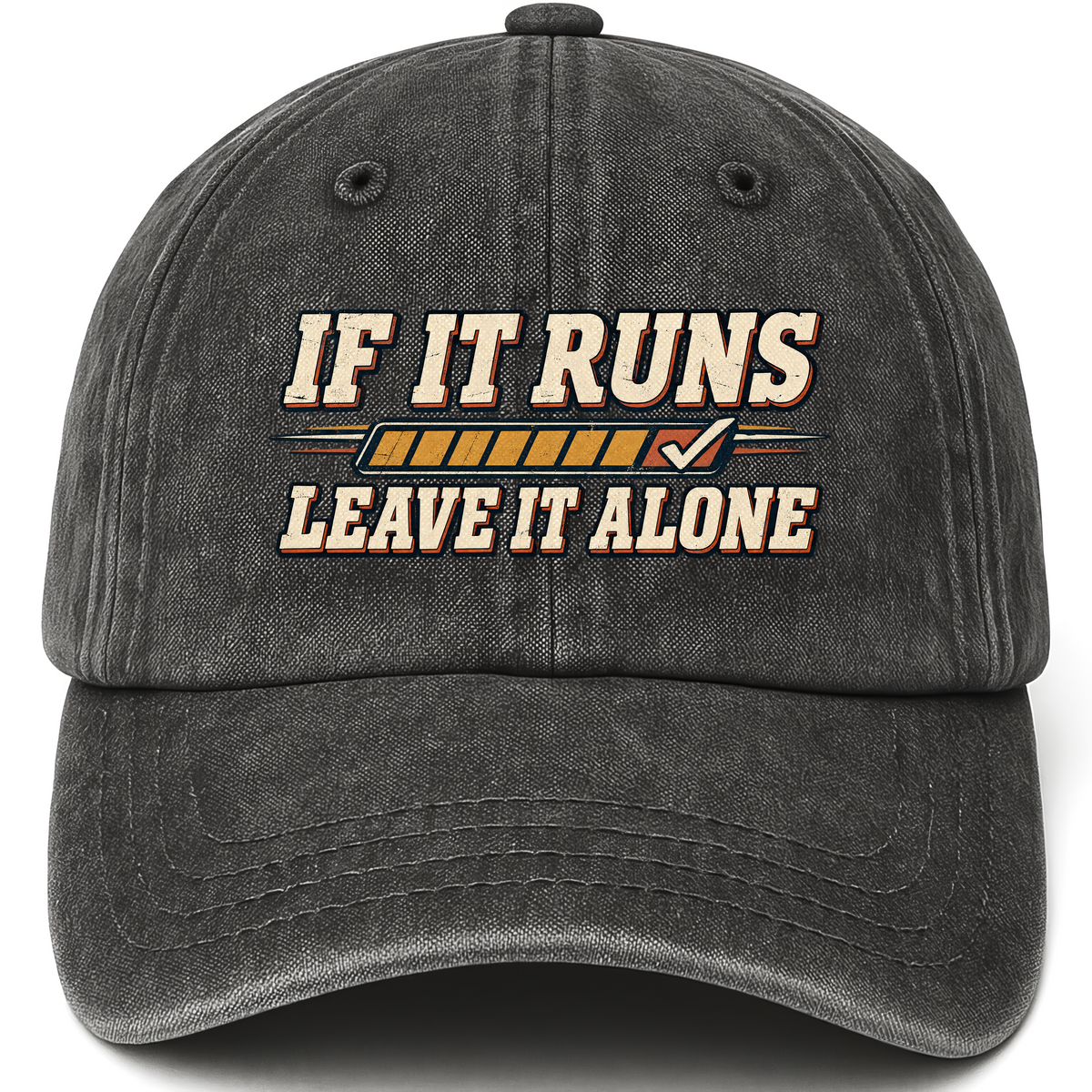 Black vintage washed cap with If It Runs Leave It Alone printed front design