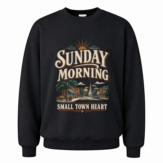 Black vintage sweatshirt with Sunday Morning Small Town Heart printed front design