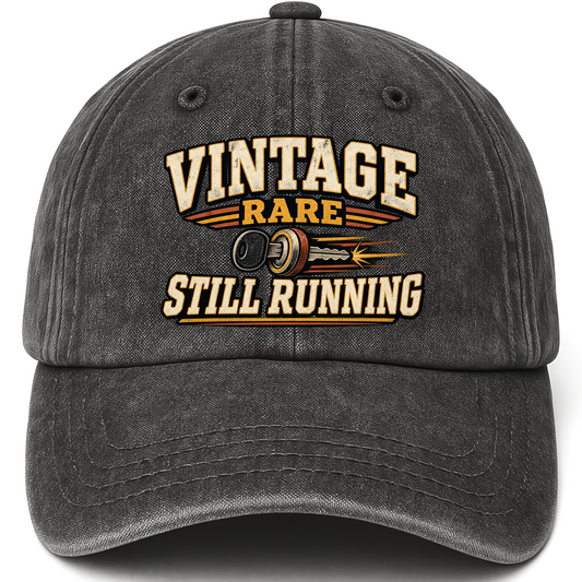 Black vintage washed cap with Vintage Rare Still Running printed front design