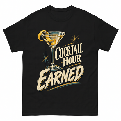 Black vintage t-shirt with Cocktail Hour Earned printed front design