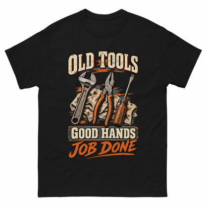 Black vintage t-shirt with Old Tools Good Hands Job Done printed front design