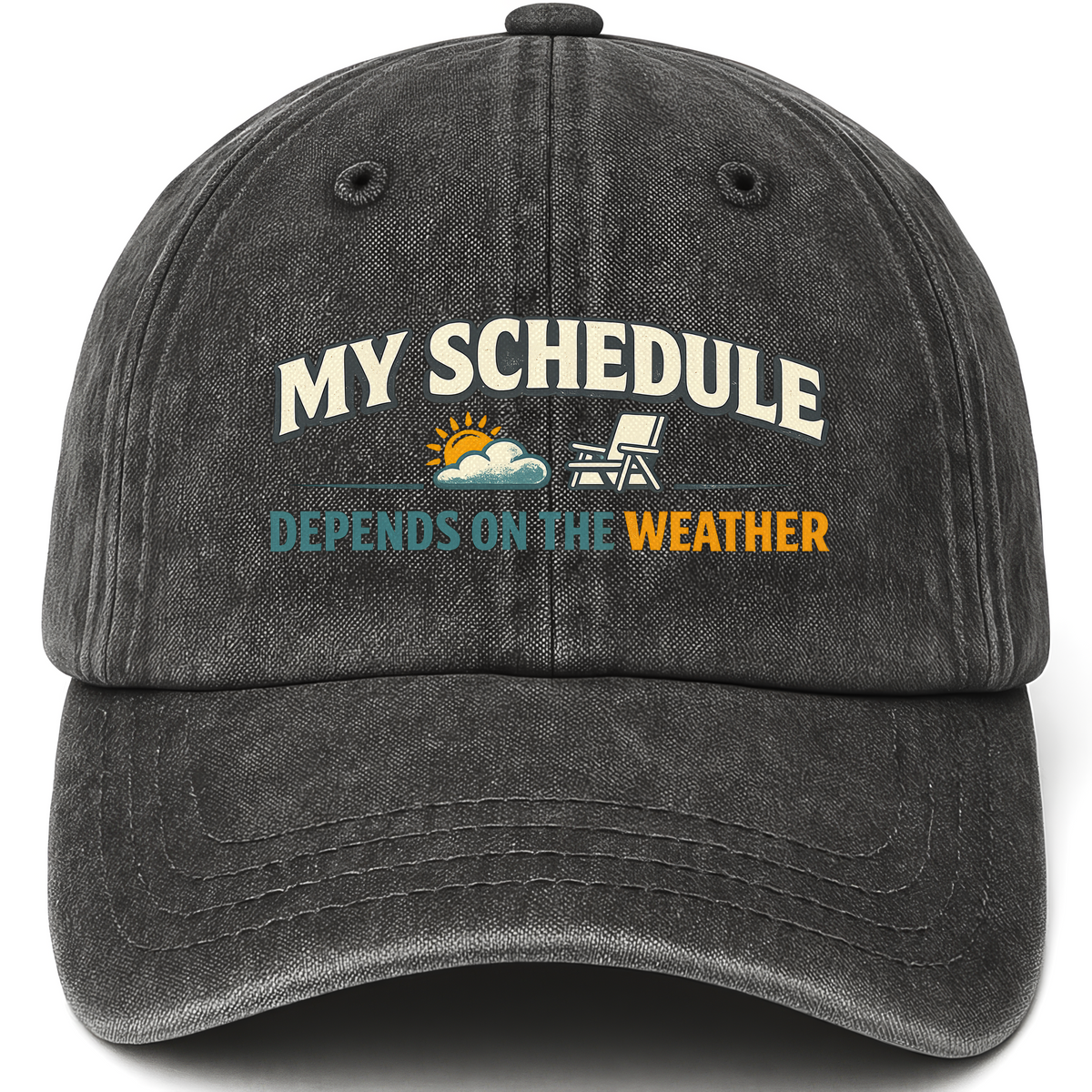 Black vintage washed cap with My Schedule Depends On The Weather printed front design