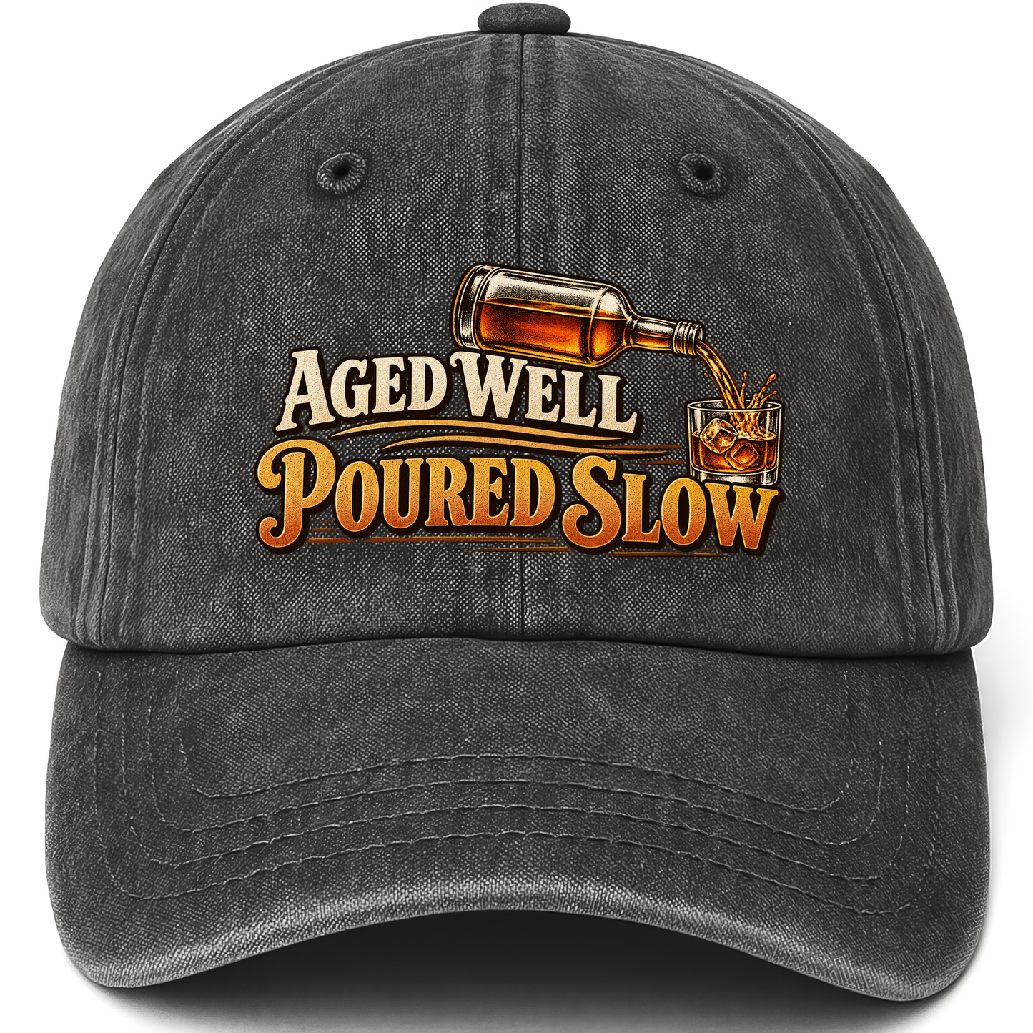 Black vintage washed cap with Aged Well. Poured Slow printed front design