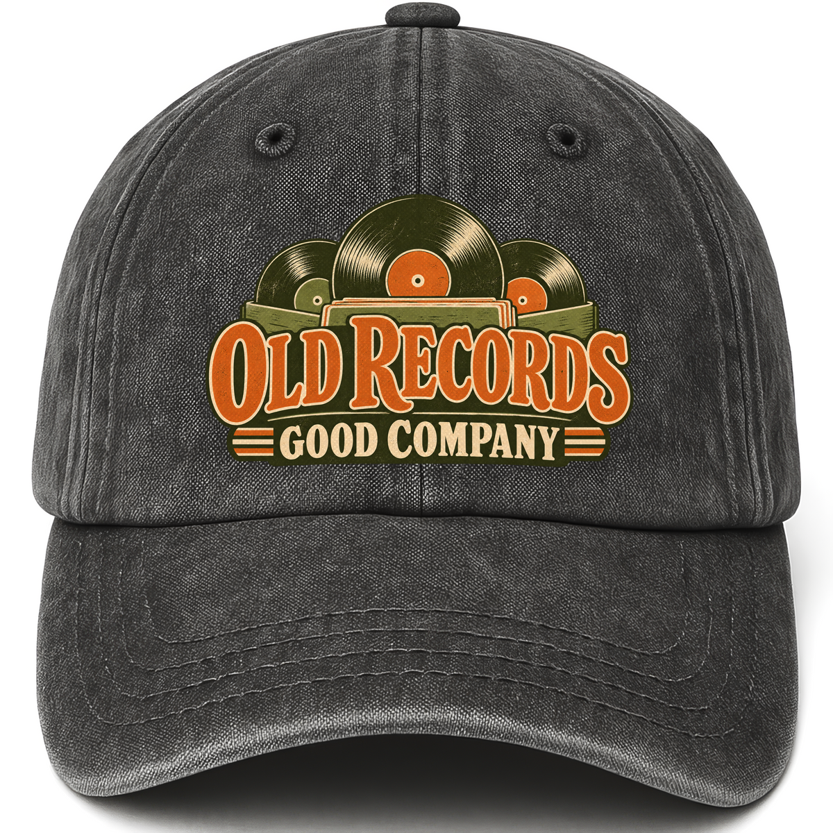 Black vintage washed cap with Old Records Good Company printed front design