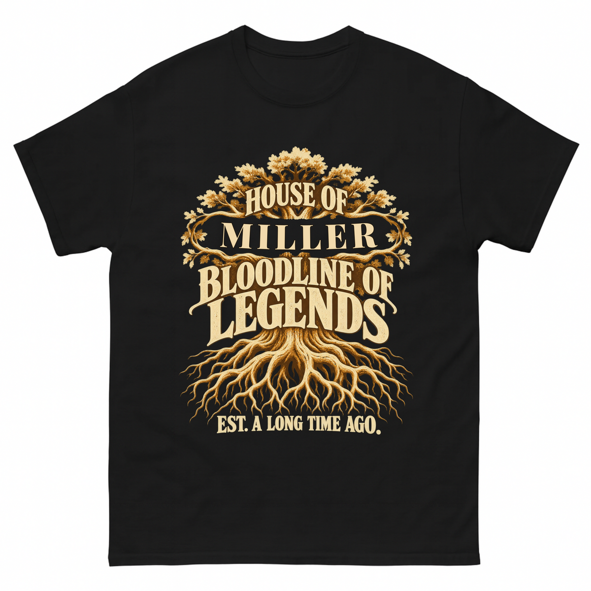 Black vintage t-shirt with House Of Your Family Name Bloodline Of Legends Oak Roots printed front design