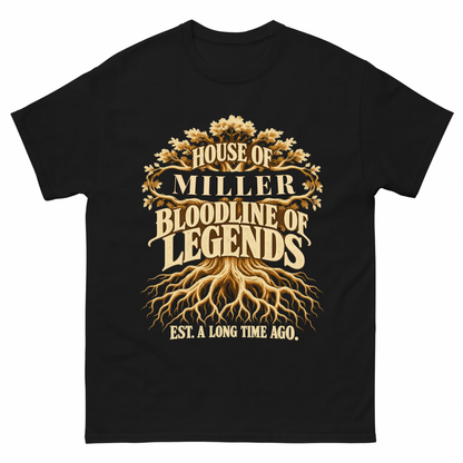 Black vintage t-shirt with House Of Your Family Name Bloodline Of Legends Oak Roots printed front design