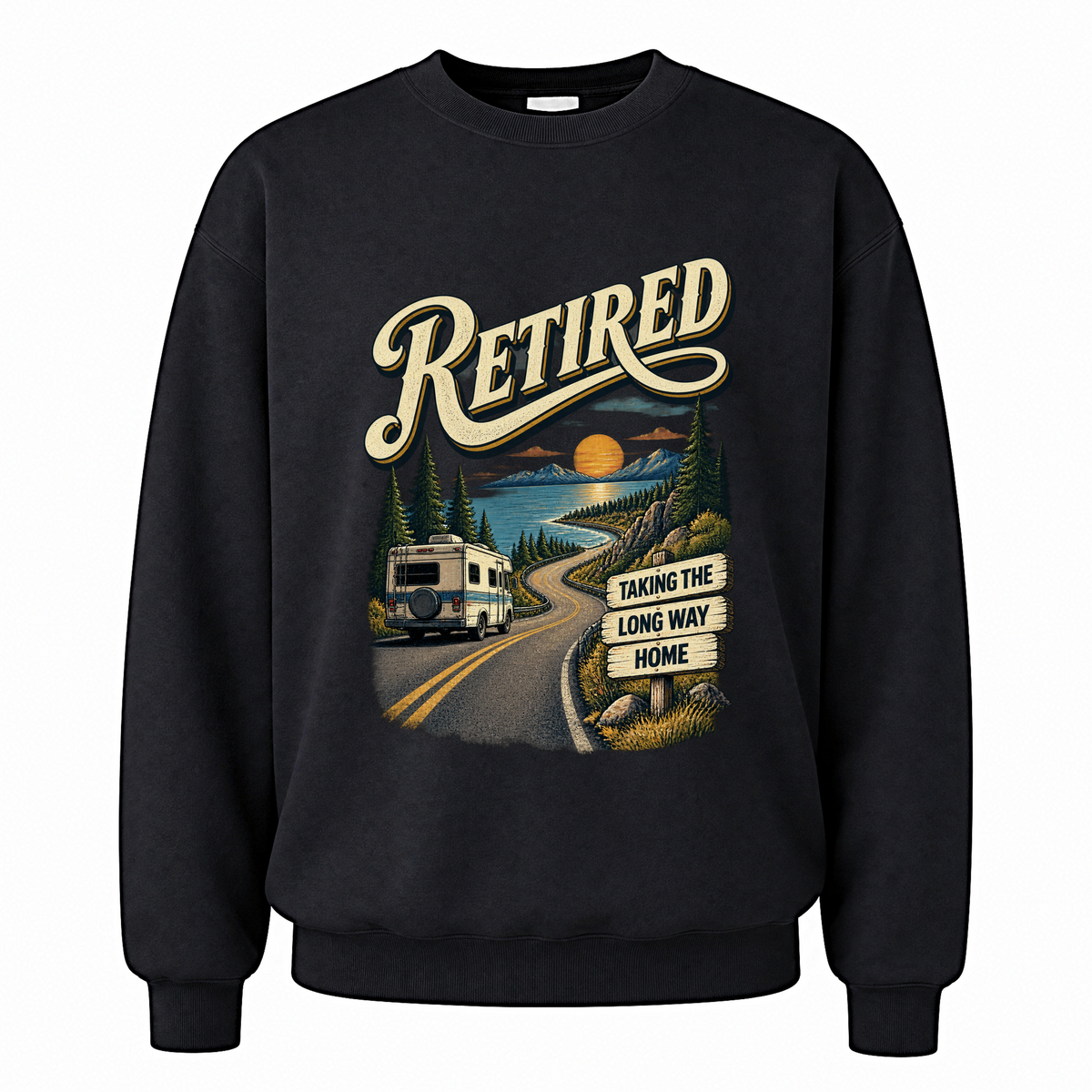 Black vintage sweatshirt with Taking The Long Way Home printed front design