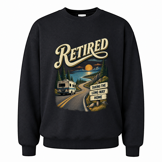 Black vintage sweatshirt with Taking The Long Way Home printed front design
