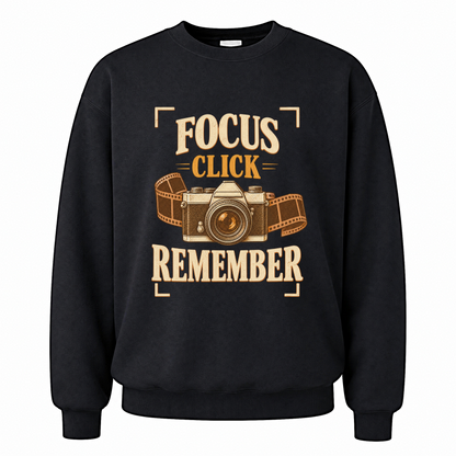 Black vintage sweatshirt with Focus Click Remember printed front design