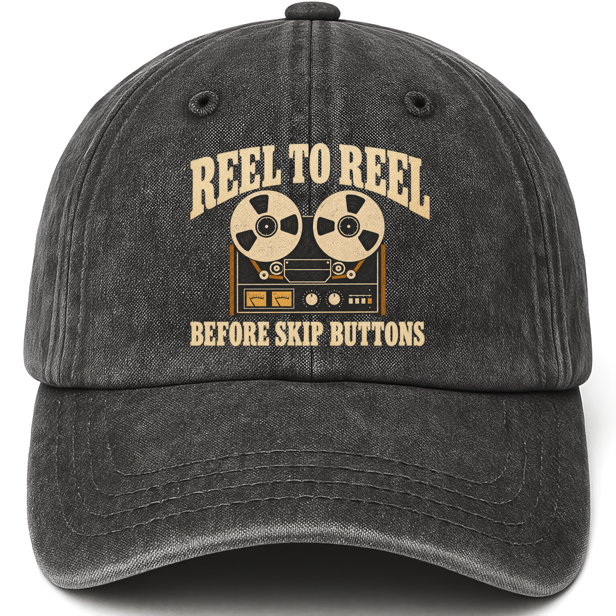 Black vintage washed cap with Reel To Reel Before Skip Buttons printed front design