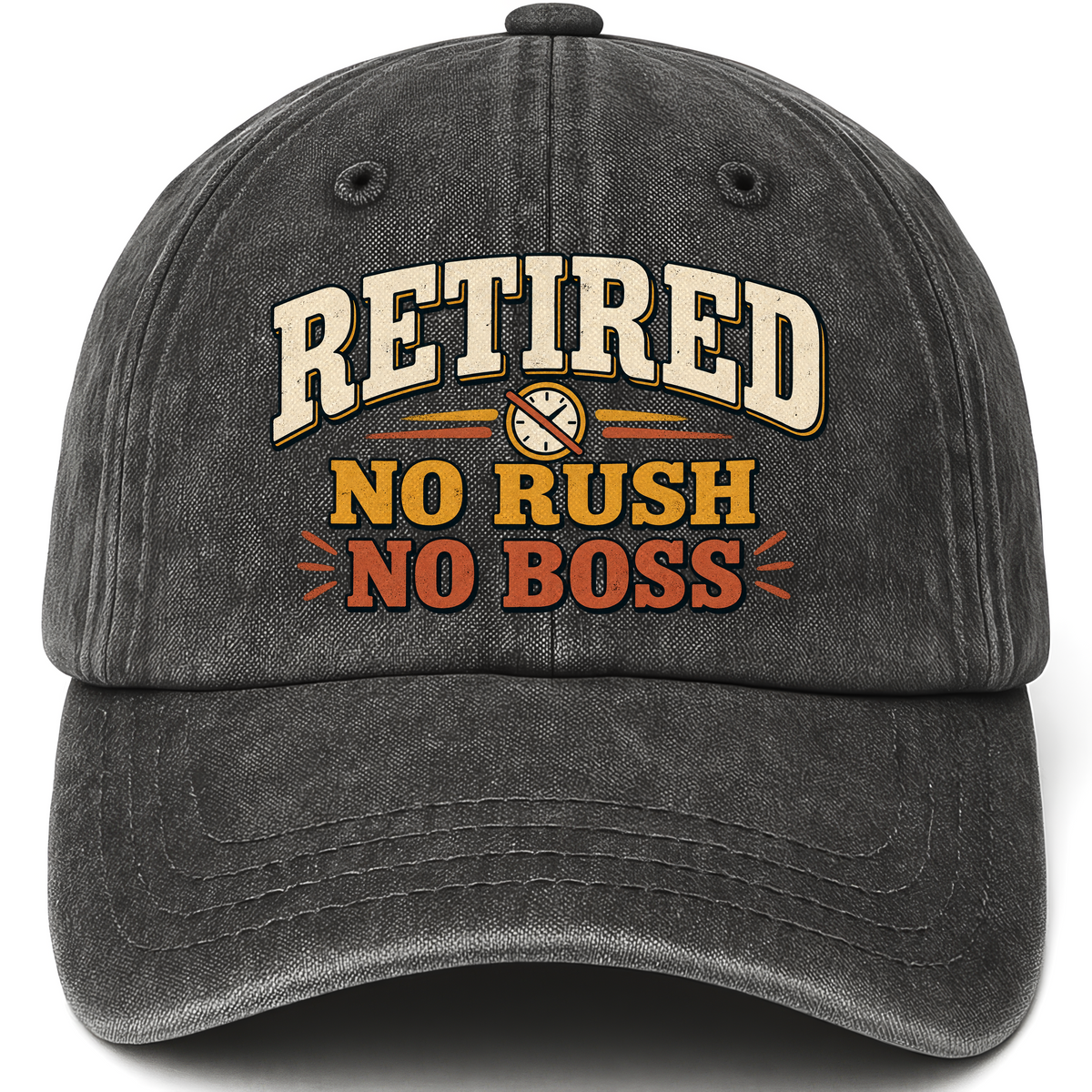 Black vintage washed cap with Believed No Rush No Boss printed front design