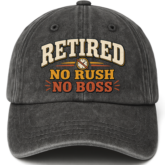 Black vintage washed cap with Believed No Rush No Boss printed front design