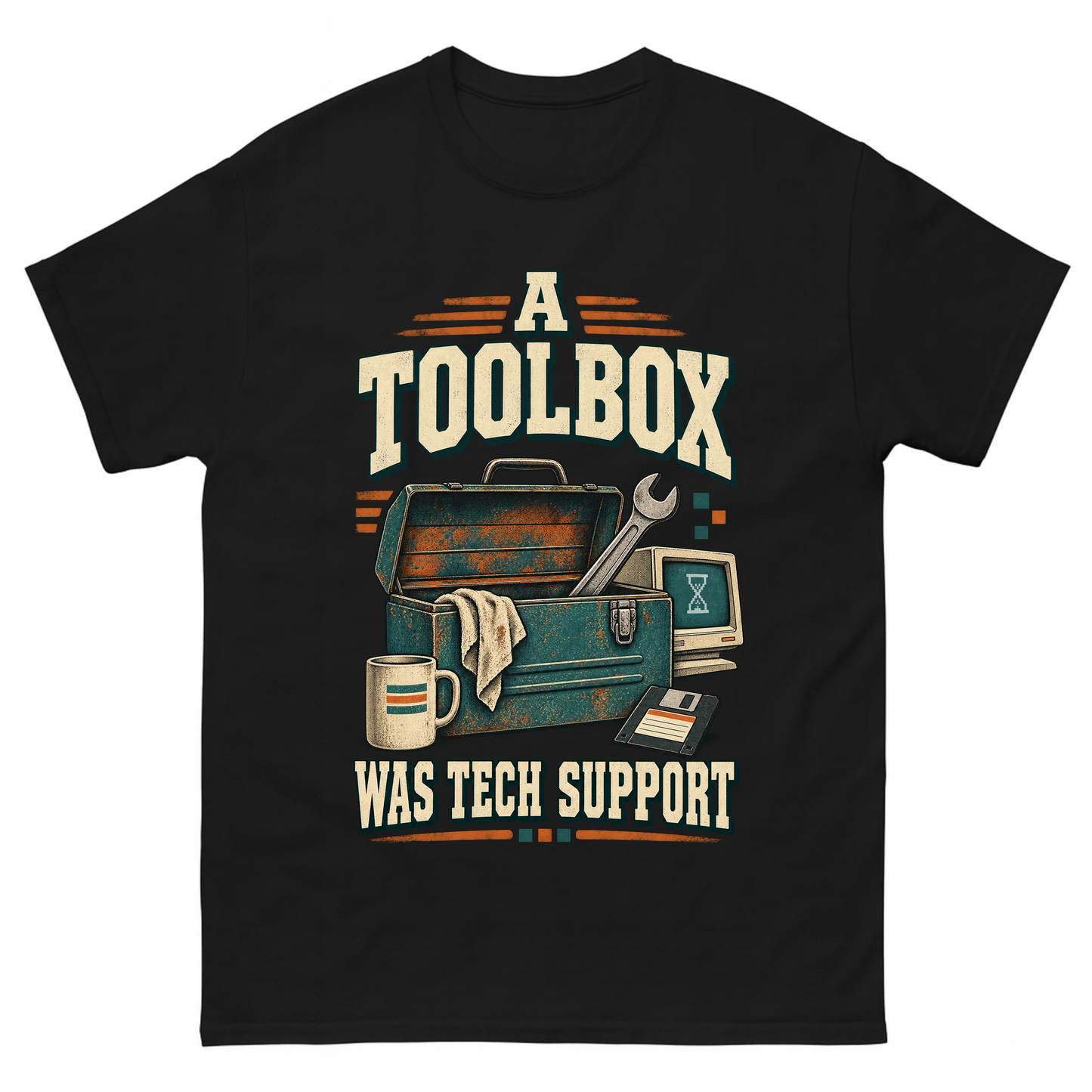 Black vintage t-shirt with A Toolbox Was Tech Support printed front design