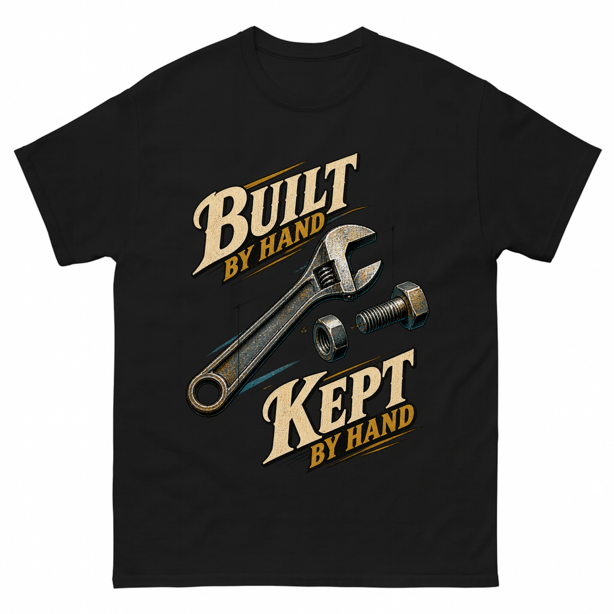 Black vintage t-shirt with Build By Hand. Keep It By Hand printed front design