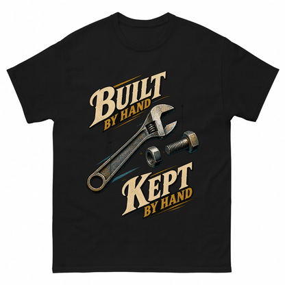 Black vintage t-shirt with Build By Hand. Keep It By Hand printed front design