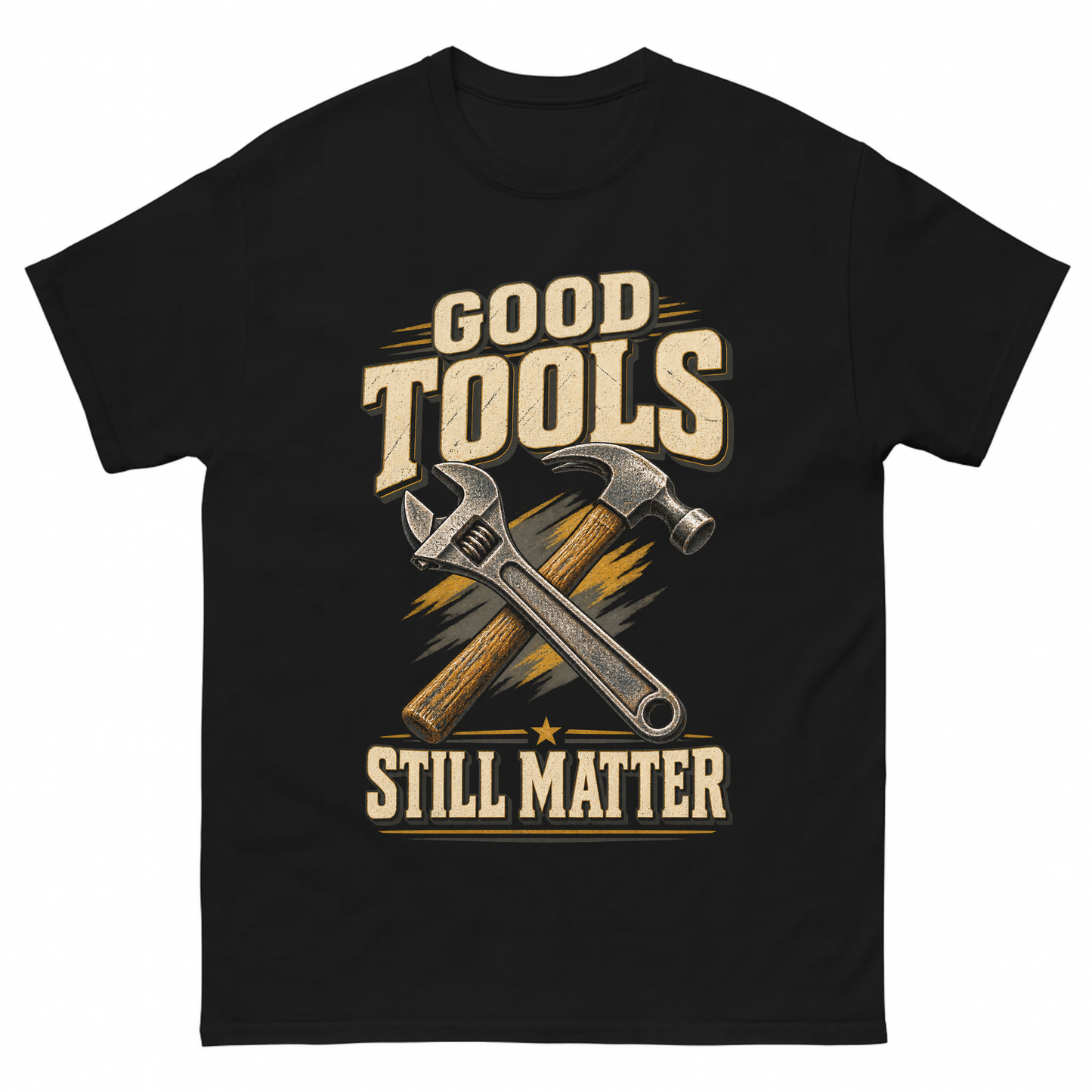 Black vintage t-shirt with Good Tools Still Matter printed front design