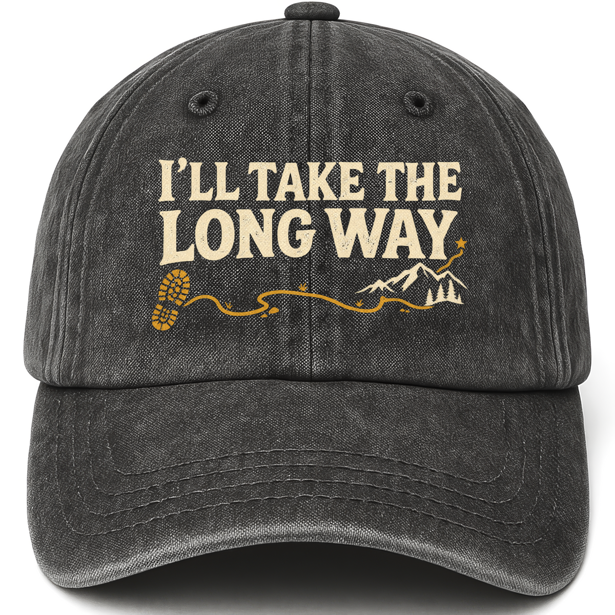 Black vintage washed cap with I’ll Take The Long Way printed front design